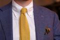 Silk Pocket Square in purple paisley Made in England - Handrolled and yellow knit tie