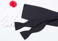 Cummerbund in Black Silk Satin with Black Silk Satin Bow Tie and White Unlined Leather Gloves adn REd Carnation Boutonniere