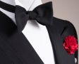Black Bow Tie in Silk Barathea Sized Butterfly Self Tie with Red Carnation Boutonniere