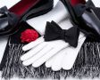 Black Bow Tie in Silk Barathea with Red Carnation Boutonniere and Evening Scarf in Black & White Silk Satin and Black Dress Shoes with White Unlined Leather Gloves