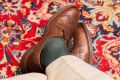 Fort Belvedere Over The Calf Silk Socks in Bottle Green with Chinos and Brown Scotch grain brogues