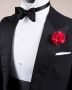 Bow tie and Cummerbund in Black Silk Satin with Red Carnation Boutonniere