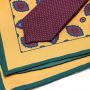 Silk Tie in Jacquard Burgundy Red with White Polka Dots and Silk Pocket Square in Yellow with Diamond Motif & Green Contrast Edge