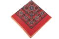 Cardinal Red Silk Wool Pocket Square with Printed geometric medallions in blue, black with buff contrast edge by Fort Belvedere