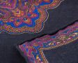 Close up edge of Purple, Charcoal & Blue Silk-Wool Pocket Square with Paisley Motifs