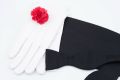 Cummerbund in Black Silk Barathea with Black Bow Tie in Silk Barathea and Red Carnation Butonniere and White unlined Leather Gloves