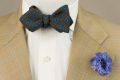 Wool Challis Bow Tie in Brown with Green, Blue, Red & Yellow Pattern & Blue Cornflower Boutonniere - Handmade by Fort Belvedere