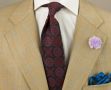 Dark Green with Large Burgundy & Blue Pattern Ancient Madder Silk Tie, Field Scabious Boutonniere, Dark green Pocket Square with contrast lining - Fort Belvedere