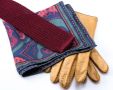 Dark Red Silk Knit Tie, printed pocket square and Chamois yellow peccary gloves - Made in Germany by Fort Belvedere