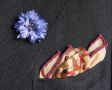 Folded Ivory Silk-Wool Pocket Square with Hunting Motifs and Blue Cornflower Boutonniere by Fort Belvedere