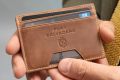 Four Card Carrier Slim Wallet in Saddle Brown Montecristo Leather front view card compartments. 