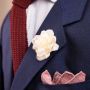 Knit Tie in Solid Red Burgundy Silk  and Ivory Spray Rose Boutonniere Buttonhole Flower and Wool Linen Pocket Square in Red & White Herringbone