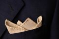Light Brown Linen Pocket Square with Pale Yellow Handrolled Cross X Stitch - Fort Belvedere - Crown Fold