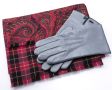 Light Grey Men's Gloves with Folded Double Sided Scarf in Red Silk Wool Paisley & Plaid