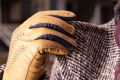 Light Tan Lamb Nappa Touchscreen Gloves with Denim Blue Contrast 