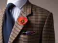 Orange Red Remembrance Poppy Boutonniere with silk pocket square and mohair tie by Fort Belvedere
