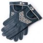 Petrol Blue Driving Gloves in Lamb Nappa Leather with White Buttons Piping and handwoven arrow. Handmade in Hungary by Fort Belvedere