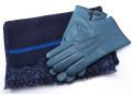 Petrol Blue Men Gloves with Folded Reversible Scarf in Navy Blue Red Silk Wool Polka Dots Paisley by Fort Belvedere