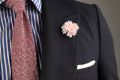 Pink Cornflower Boutonniere Buttonhole Flower Silk combined with Magenta, Pink, Grey Mottled Knit Tie Cri De La Soie  and white pocket square