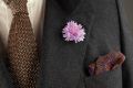 Light Purple Cornflower Boutonniere Buttonhole Flower Silk Fort Belvedere in dark suit combined with Two-Tone Knit Tie in Brown and Beige Changeant Silk and pocket square