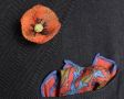 Salmon Silk-Wool Pocket Square with Hunting Print Motifs adn Orange Poppy Boutonniere