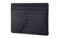 Horizontal angled view without cards of slim wallet by Fort Belvedere highlighting the leather and the logo