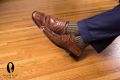 Navy and Yellow Shadow Stripe Ribbed Socks Fil d'Ecosse Cotton by Fort Belvedere with brown shoes