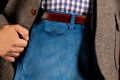 Stancliffe Corduroy Flat Front Trouser in Azure Blue and Chestnut Brown Belt