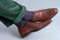 British Racing Green pants-socks-shoes combination with Brown shoes and purle and green stripes socks