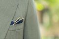 Navy Blue Silk Wool Pocket Square with Paisley in Beige, Blue, Green and Pink and beige shoestring edge - Fort Belvedere