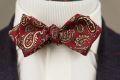 When worn Ancient Madder Silk Paisley Bow Tie in Red & Buff  - Handmade by Fort Belvedere