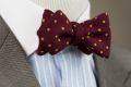 Side View Wool Challis Bow Tie in Burgundy Red with Yellow Polka Dots & Pointed Ends - Fort Belvedere