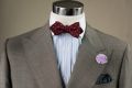 Front View Wool Challis Bow Tie in Burgundy Red with Yellow Polka Dots & Pointed Ends - Fort Belvedere