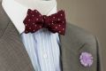 Wool Challis Bow Tie in Burgundy Red with Yellow Polka Dots & Pointed Ends combined with Field Scabious Boutonniere- Fort Belvedere
