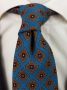 Full Detail when worn Wool Challis Tie in Turquoise with Gray, Orange, Navy & Yellow Pattern - Fort Belvedere