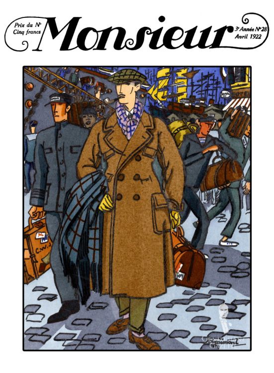 Monsieur Revue Des Elegances Cover Men's Fashion Illustration Overcoat in Brown