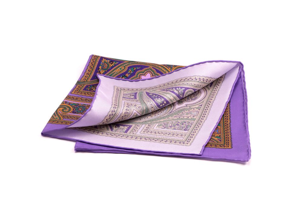 100% Silk Pocket Square in purple paisley Made in England - Handrolled by Fort Belvedere