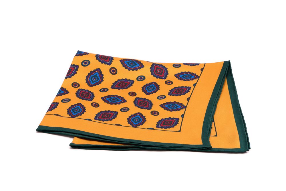 Silk Pocket Square in Yellow with Diamond Motif and Green Contrast Edge - Fort Belvedere