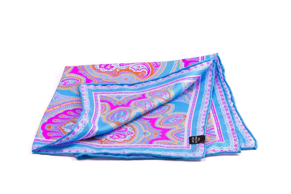 Silk Pocket Square in Light Blue with Orange and Pink Large Paisley Pattern- Fort Belvedere