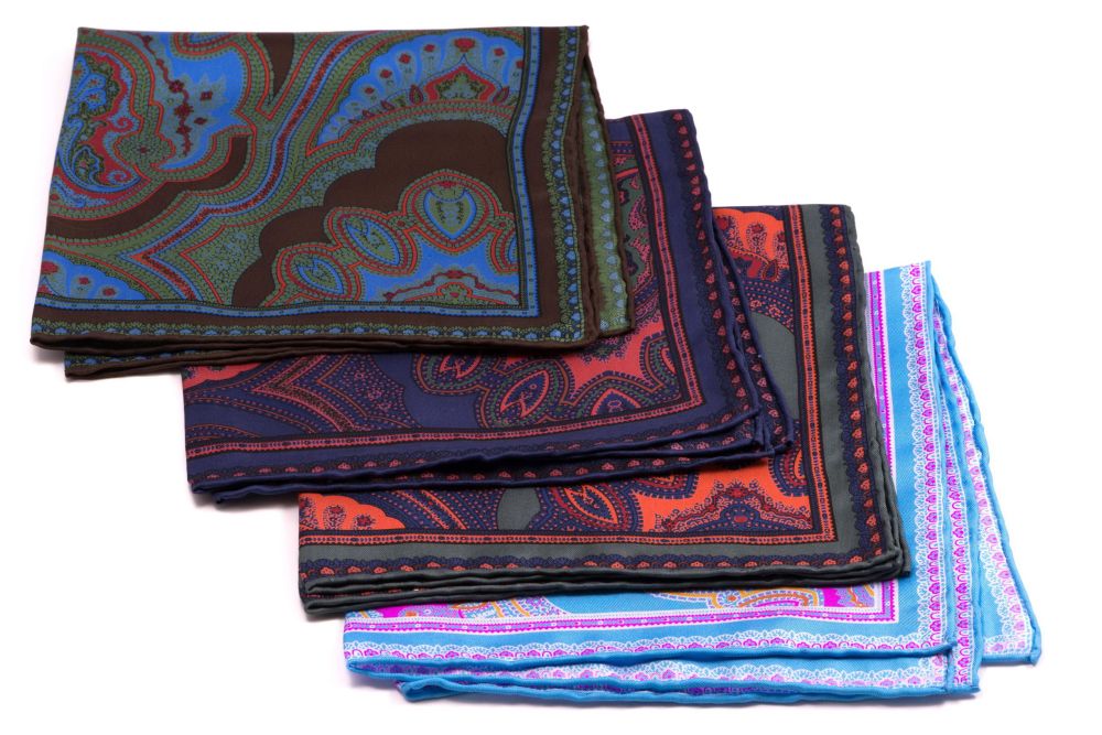 Silk Pocket Square in Dark Blue with Orange, Green Large Paisley ...