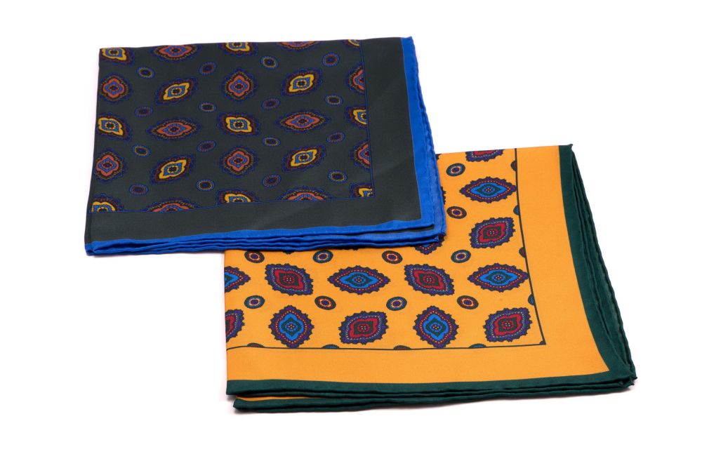 100% Silk Pocket Square with drak green & yellow motif patterns  - Handrolled by Fort Belvedere