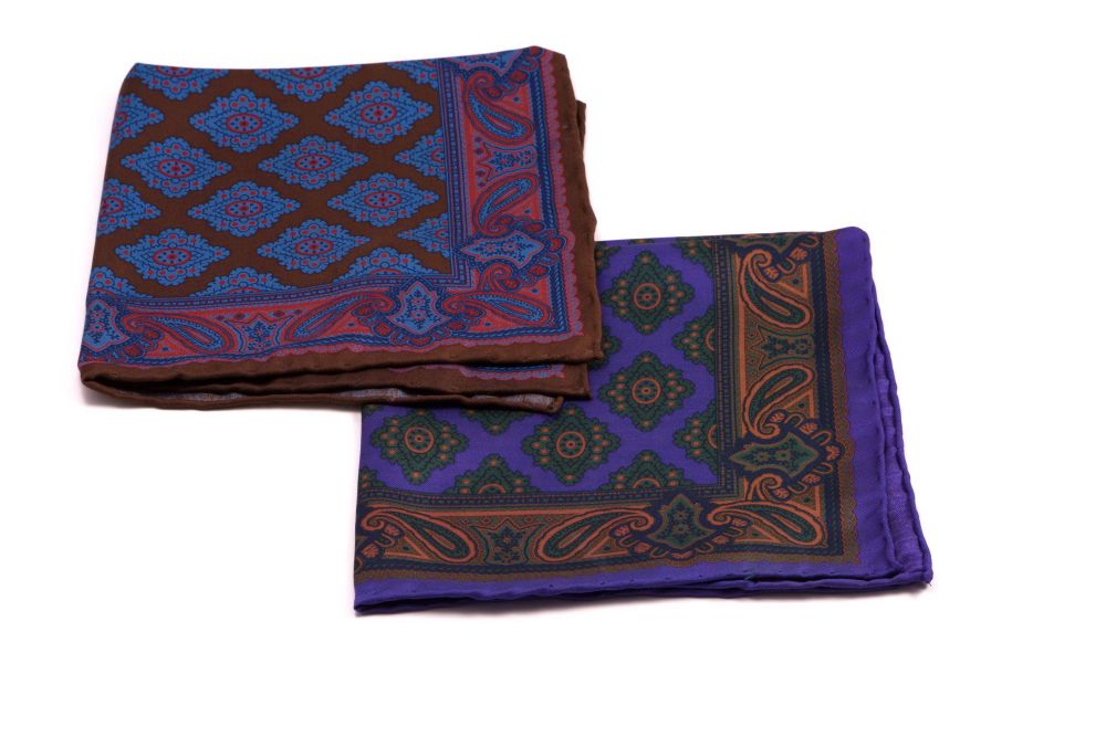 100% Real Ancient Madder Silk Pocket Squares in brown and purple by Fort Belvedere