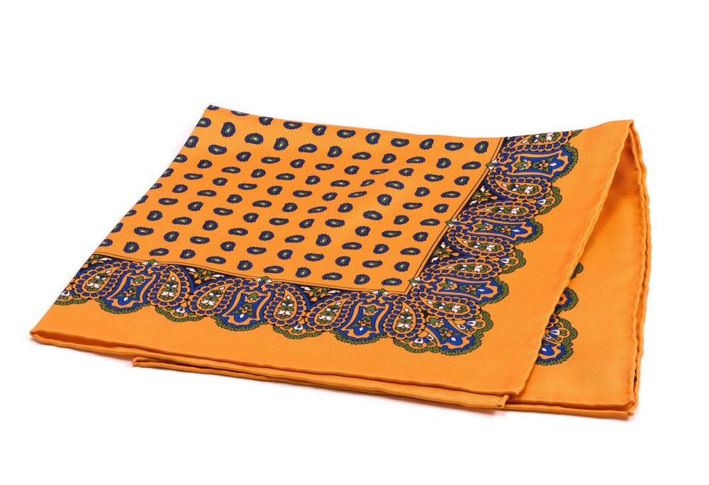 Sunflower Orange Silk Pocket Square in Orange with Small & Large Paisley - Fort Belvedere