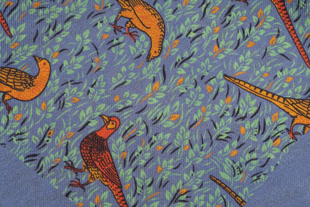 Reversible Madder Silk Pocket Square in Cornflower Blue with Orange Pheasants and Ochre Paisley