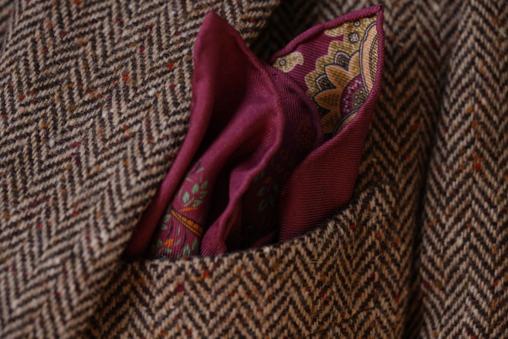 Reversible Madder Silk Pocket Square in Burgundy with Orange Pheasants and Ochre Paisley