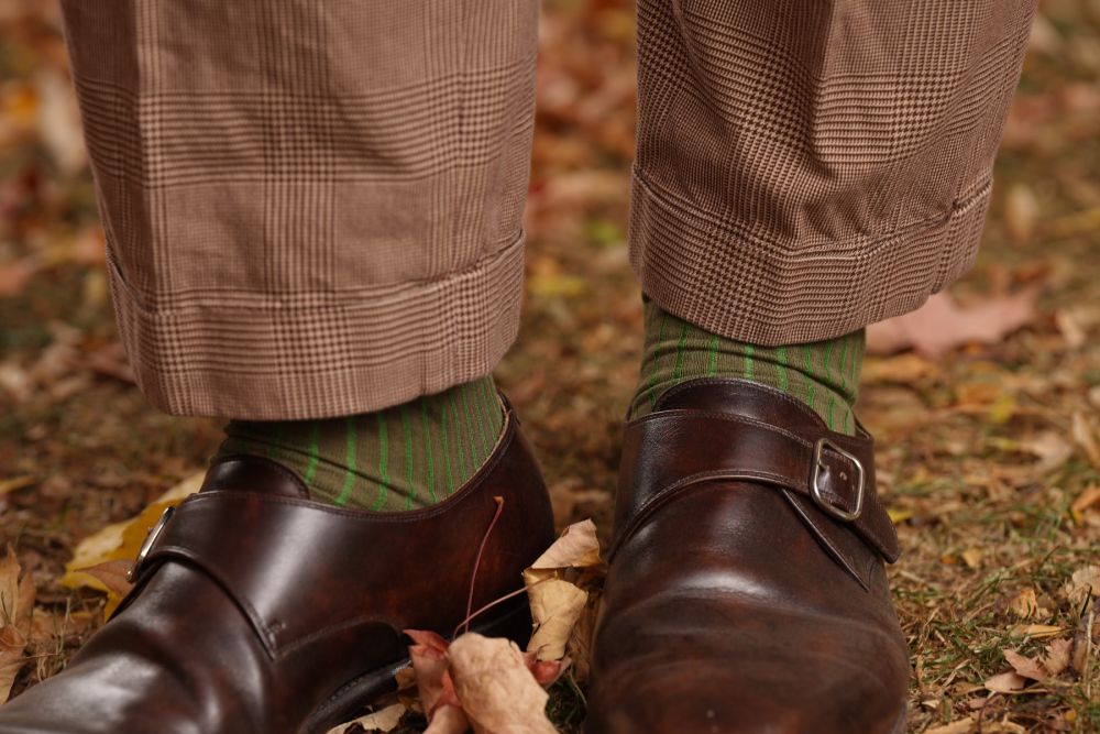 Mid Brown and Green Shadow Stripe Ribbed Socks Fil d'Ecosse Cotton - Fort Belvedere