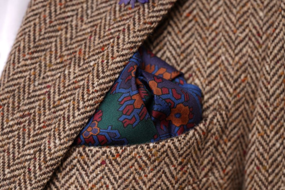 Green Madder Silk Pocket Square with Turquoise,Green, Brown Large Paisley- Fort Belvedere Made in England puff fold