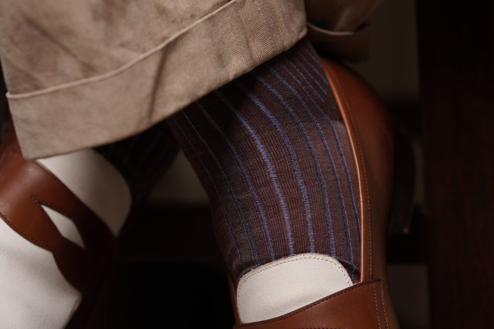 Mid Brown and pale blue Ribbed Over the Calf Socks with Shadow Stripes Cotton Fil d Ecosse - Made in Italy by Fort Belvedere full