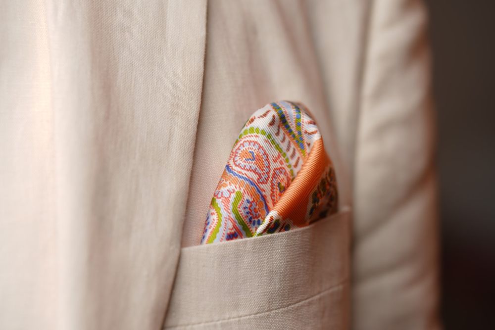 Silk Pocket Square in Orange, Blue, Green,Red and White with Large Paisley Pattern - Fort Belvedere
