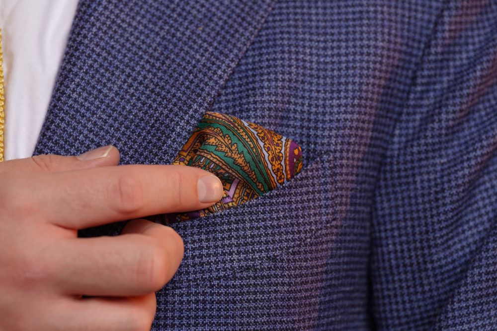 Silk Pocket Square in purple paisley Made in England - Handrolled by Fort Belvedere